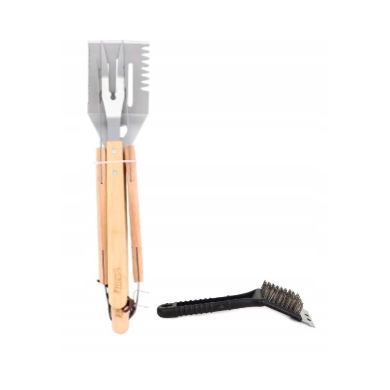 Rinkinyje 3 vnt šakutė, mentelė, žnyplės, grotelės, šepetys, valymas ir kt