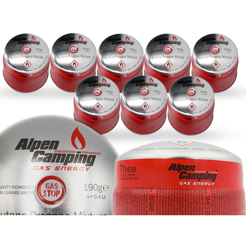 Dujų kasetė su sriegiu, kasetė kempingo viryklei, dujinis degiklis 190g x8, lenkiškas prekės ženklas Alpen Camping.