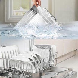 Didelis nerūdijančio plieno grilio krepšelis su žnyplėmis ir rankenomis