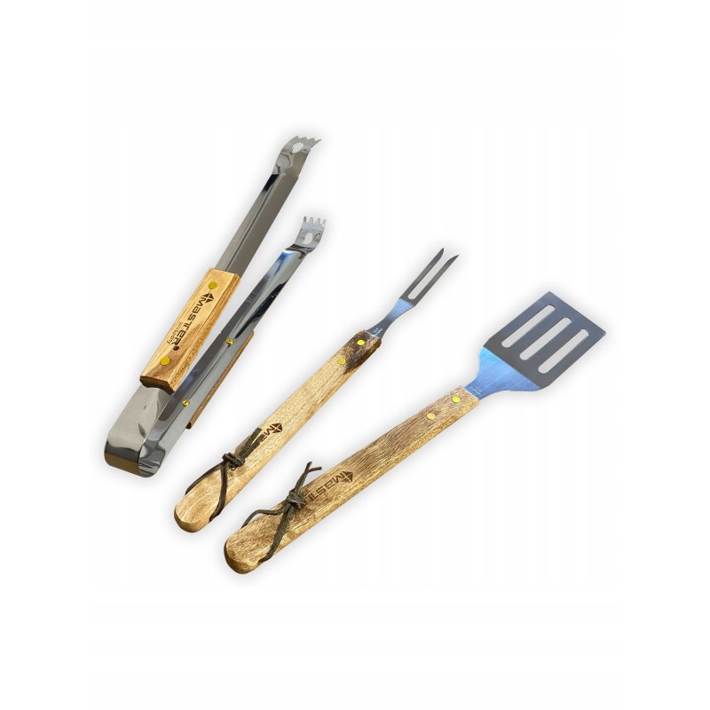 3 grilio priedų rinkinys / medinės rankenos