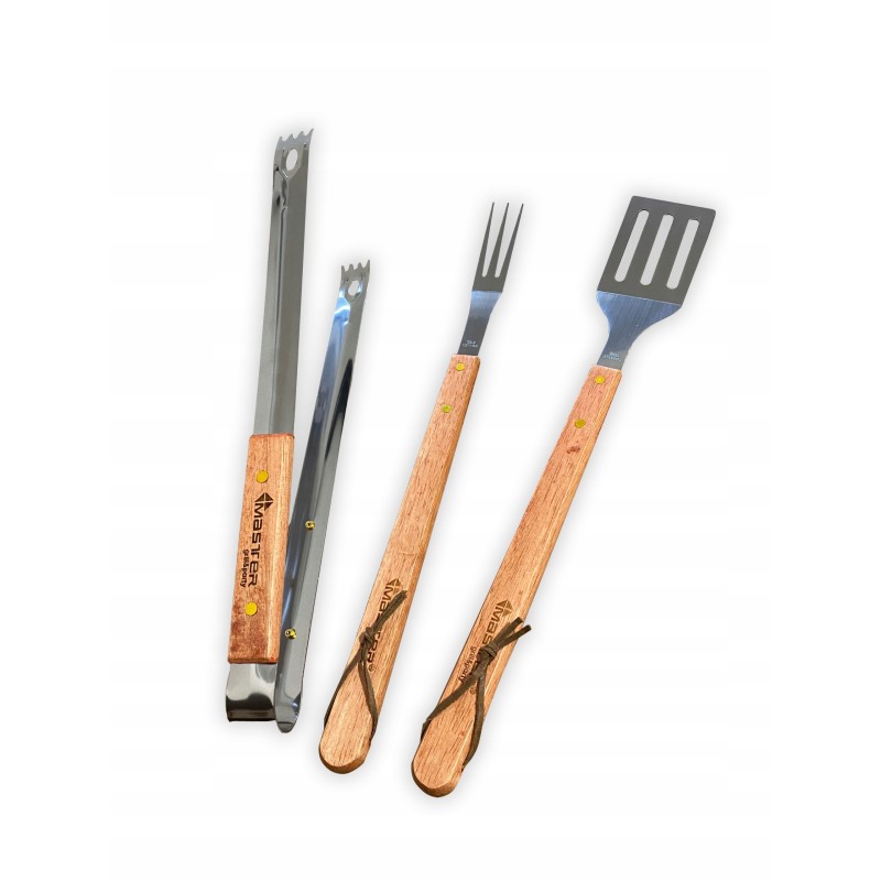 3 grilio priedų rinkinys / medinės rankenos