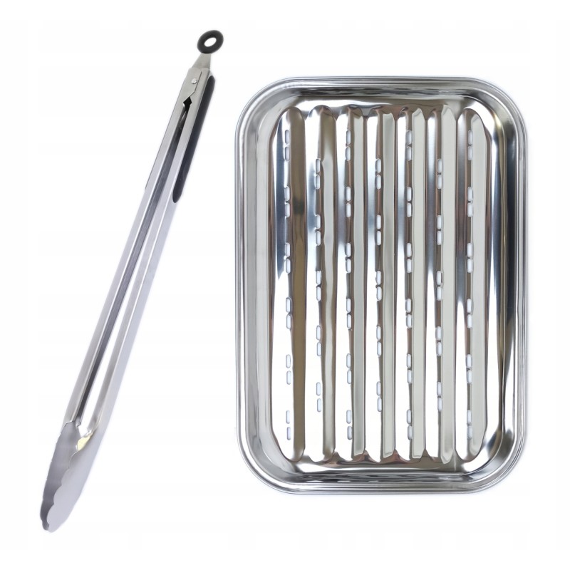 Grilio žnyplės 45cm, daugkartinio naudojimo plieninis padėklas