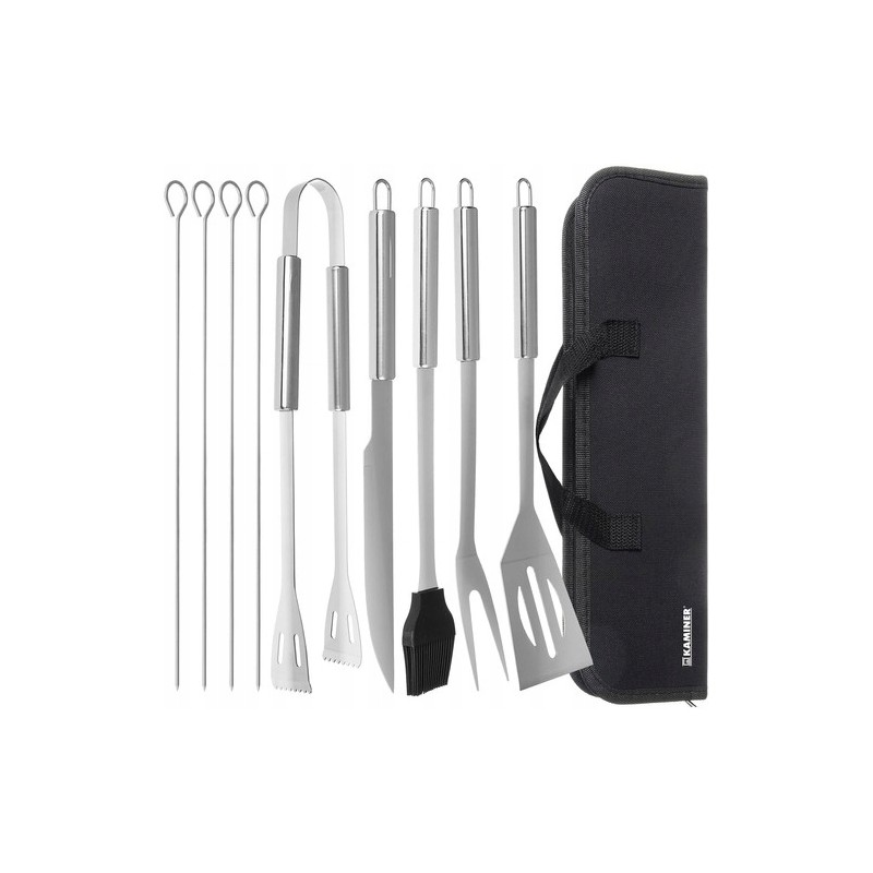 Didelis priedų rinkinys kepsninės įrankiai peilis žnyplės šakutė mentelė šepetys iešmai + dėklas 9 viename