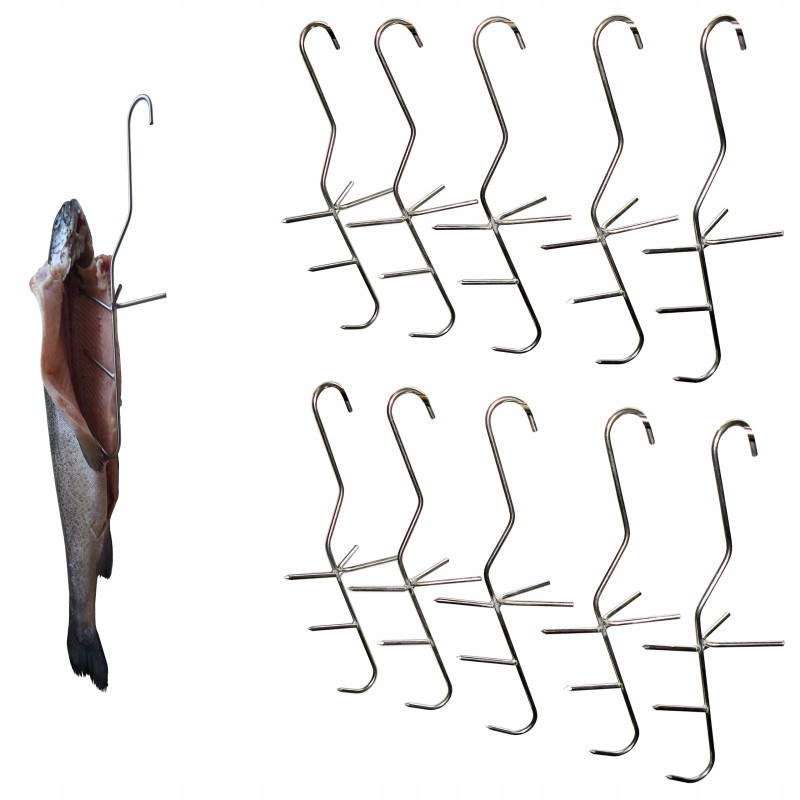 Trigubi žuvies rūkymo kabliukai su barstytuvu, ilgas inox 21cm, storis 3mm, rinkinyje 10 vnt.