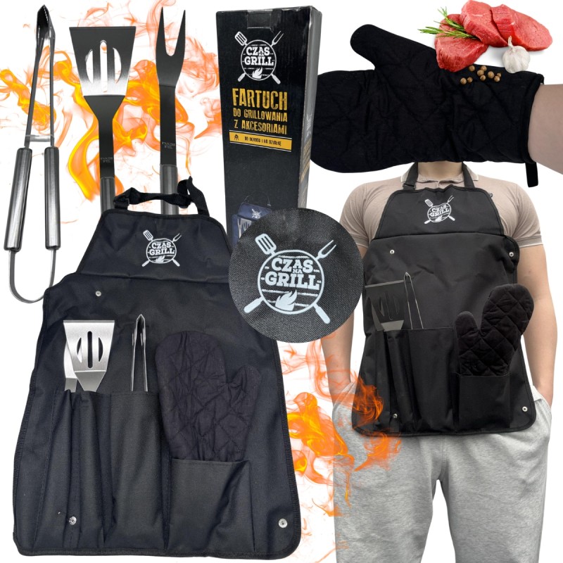 Grilio meistro prijuostė su grilio įrankiais ir 5 viename grilio stalo įrankiais