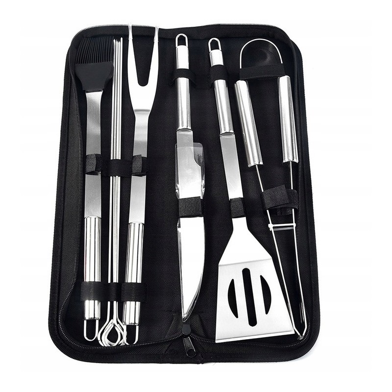 Plieninis kepsninės komplektas, plieniniai kepsninės reikmenys, stalo įrankiai, indai, dėklas