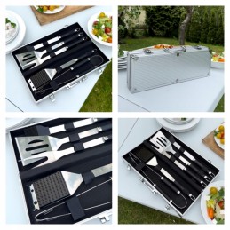 Grilio reikmenų rinkinys, plieniniai kepsninės stalo įrankiai 6in1, gafal lagaminas