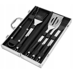 Grilio reikmenų rinkinys, plieniniai kepsninės stalo įrankiai 6in1, gafal lagaminas