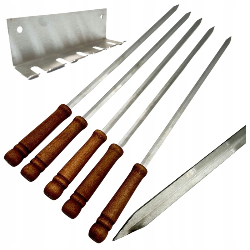 Išmelės kebabams, 5 vnt., nerūdijančio plieno iešmeliai griliui, 44cm + kabykla