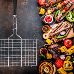 Grilio grotelės, skirtos mėsai, daržovėms ir žuviai kepti, su rakinama chromuotomis grotelėmis