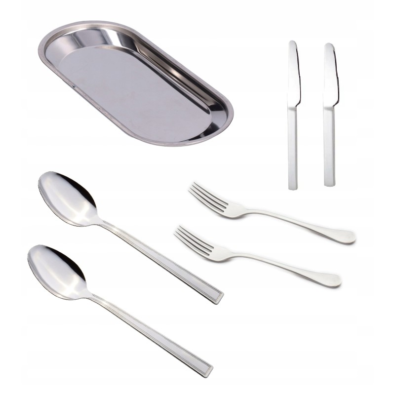 2x padėklas, metalinis padėklas su sidabriniais stalo įrankiais, šaukštu, šakute ir peiliu