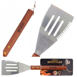 Didelė 3 viename mėsainių grilio mentelė, medinė rankena, platus plieninis, 41 cm