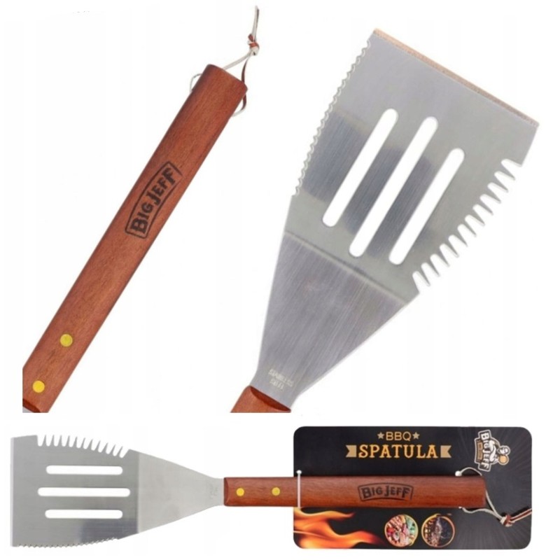 Didelė 3 viename mėsainių grilio mentelė, medinė rankena, platus plieninis, 41 cm