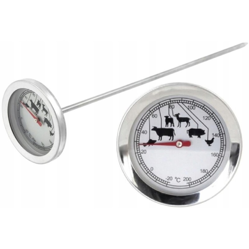 Analoginis termometras su ilgu zondu griliui, rūkyklai, kepimo orkaitei.