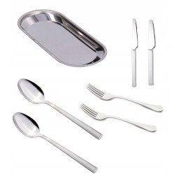 2x padėklas, metalinis padėklas su sidabriniais stalo įrankiais, šaukštu, šakute ir peiliu