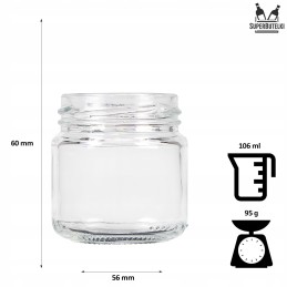106 ml stiklinis indas su metaliniu dangteliu.