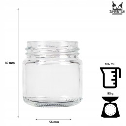106 ml stiklinis indas su metaliniu dangteliu.
