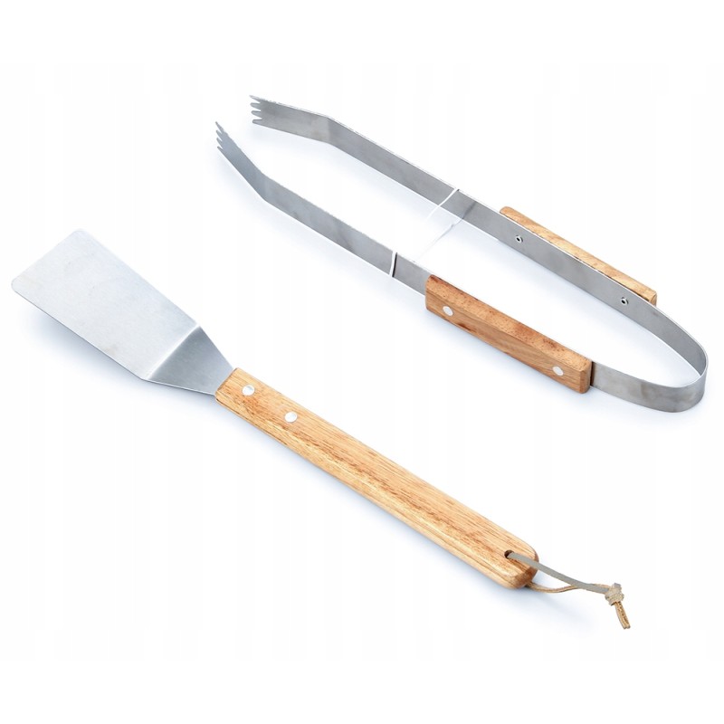 Grilio priedai plieninė/medinė mentelė ir žnyplės