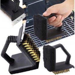 Grilio valymo šepetys, grotelės, grandiklis, viela, kempinė, trys viename