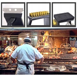 Grilio valymo šepetys, grotelės, grandiklis, viela, kempinė, trys viename