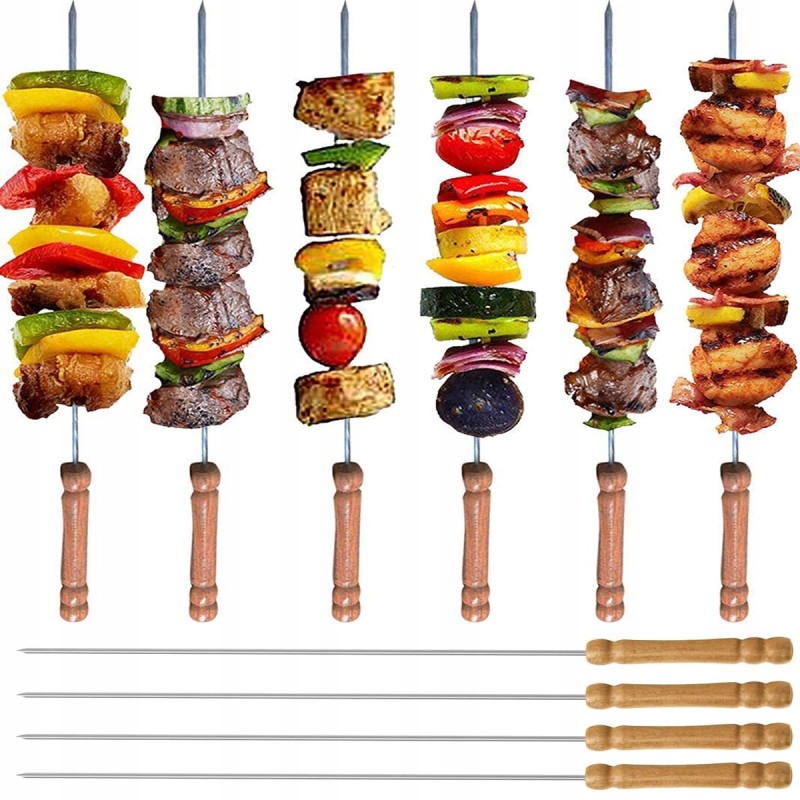 10 vnt plieninių iešmelių griliui su medine rankena - ilgis 30 cm