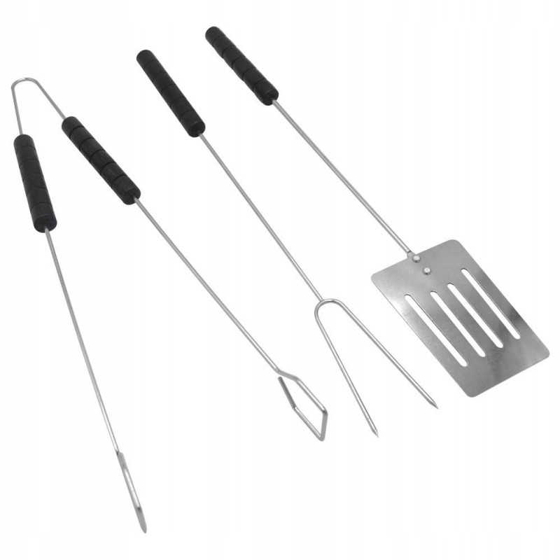 Grilio priedai, rinkinys iš 3 dalių, plieninės žnyplės, mentelė, šakutė