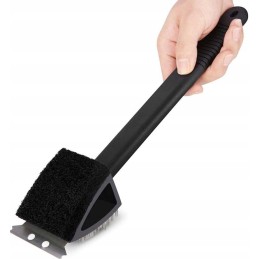 Trys viename grotelių grilio valymo šepetys ir grandiklis