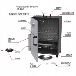 Elektrinė rūkykla su dūmų generatoriumi, elektriniu siurbliu, grotelėmis, kabliukais