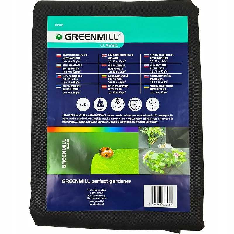 Greenmill klasikinė juoda agrotekstilė 1,6x10m 50g/m2 nuo piktžolių gr1015