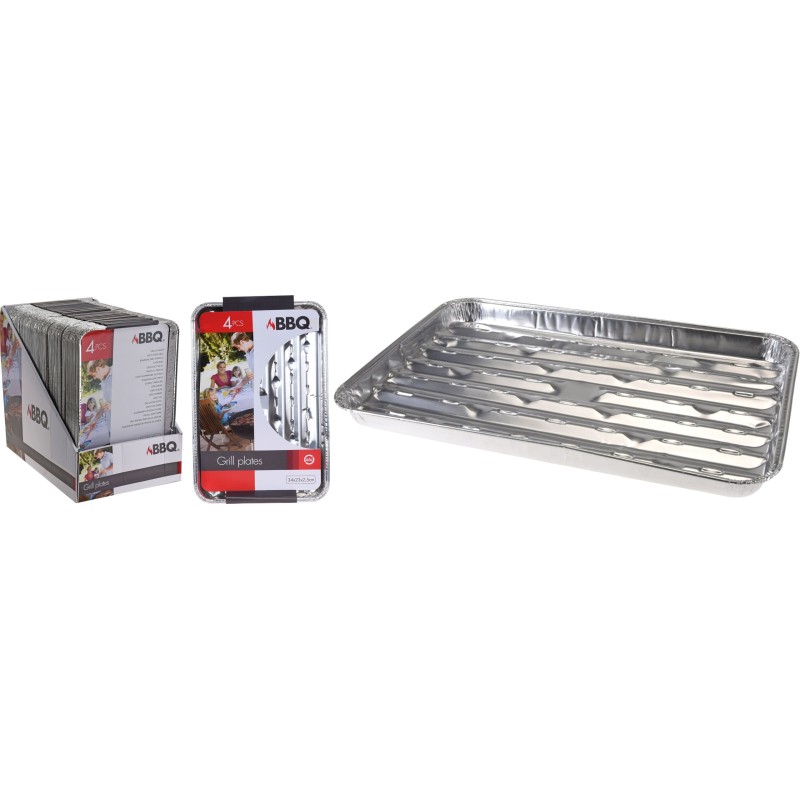 Stačiakampiai grilio padėklai, 4 vnt. 34x23x2,5 cm aliuminio