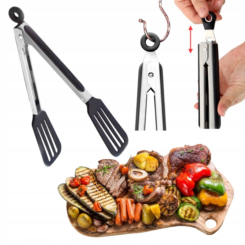 Nerūdijančio plieno grotelių žnyplės su užraktu ir lanksčiomis rankenomis.