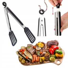 Nerūdijančio plieno grotelių žnyplės su užraktu ir lanksčiomis rankenomis.