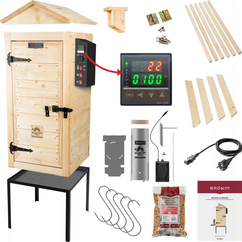 Medinė elektrinė rūkykla browin100e dūmų generatorius karšto oro cirkuliacija zrebki