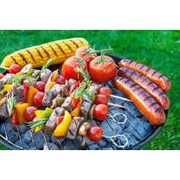 Dvigubos grotelės kepimui ant grotelių, laužui, mėsai, daržovėms ir patiekalams