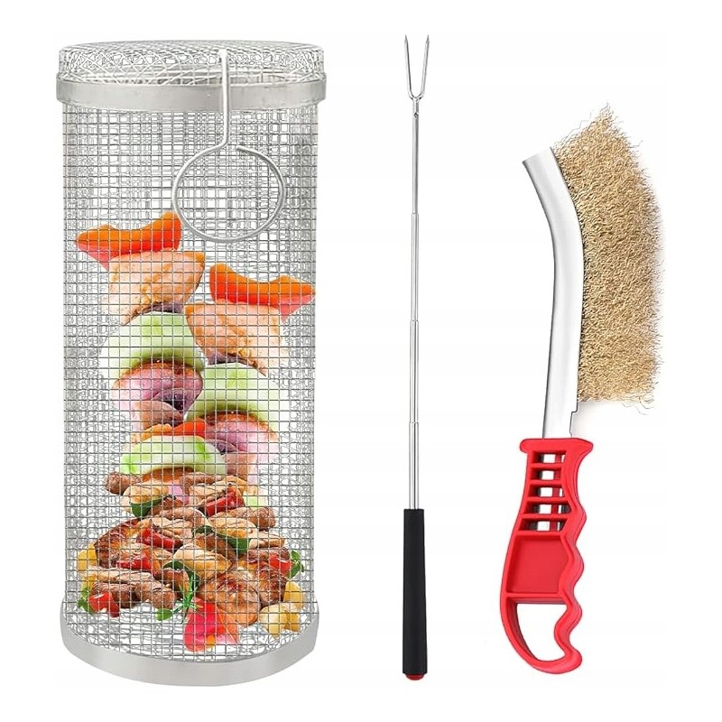 Grilio rinkinys, grotelės, krepšelis su kabliuku ir valymo šepečiu