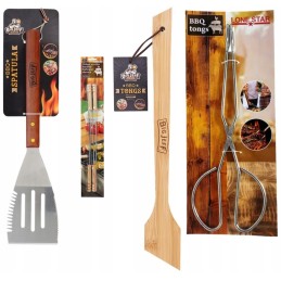 Rinkinyje 4 grilio priedų mentelė, žnyplės, iešmeliai bbq griliui