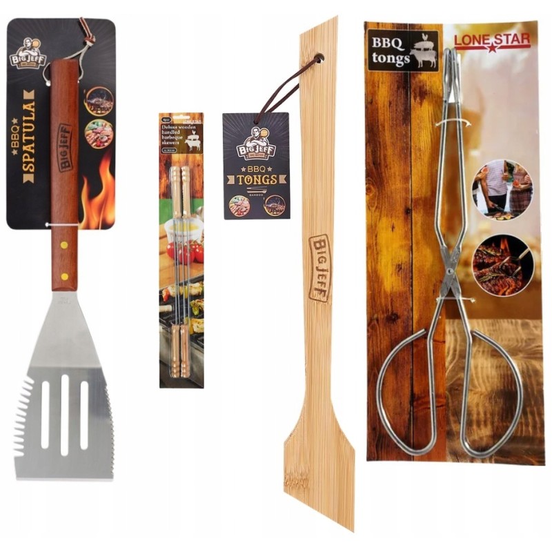 Rinkinyje 4 grilio priedų mentelė, žnyplės, iešmeliai bbq griliui