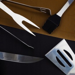 Grilio priedai, įrankių komplektas, žnyplės + dėklas