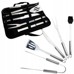 Grilio priedai, įrankių komplektas, žnyplės + dėklas