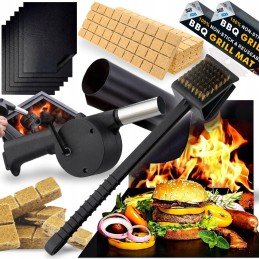 6x tefloninis kilimėlis griliui, ugnies starteris, pūstuvas, vielinis kepsninės šepetys