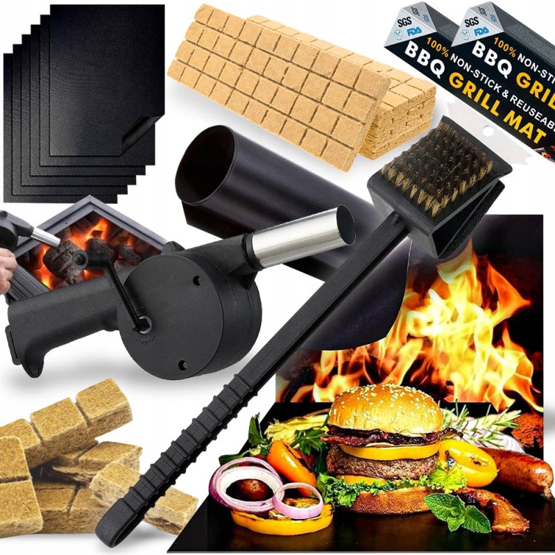 6x tefloninis kilimėlis griliui, ugnies starteris, pūstuvas, vielinis kepsninės šepetys