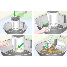 Dūmtraukis šašlykinės uždegimui su anglies briketais, ugnis židinyje, greitas užsidegimas