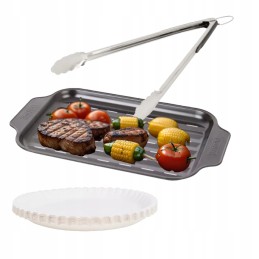 Kepsninės komplektas, metalinis padėklas + žnyplės 41 cm + popierinės lėkštės 20 vnt
