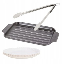 Kepsninės komplektas, metalinis padėklas + žnyplės 41 cm + popierinės lėkštės 20 vnt