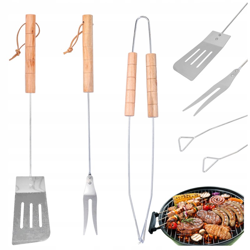 Kepsninės komplektas priedai žnyplės mentelė mėsos šakutė ilgi 3 vnt