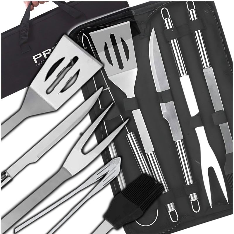 Grilio reikmenų rinkinys plieniniai indai, kepsninės stalo įrankiai 5in1 + dėklas