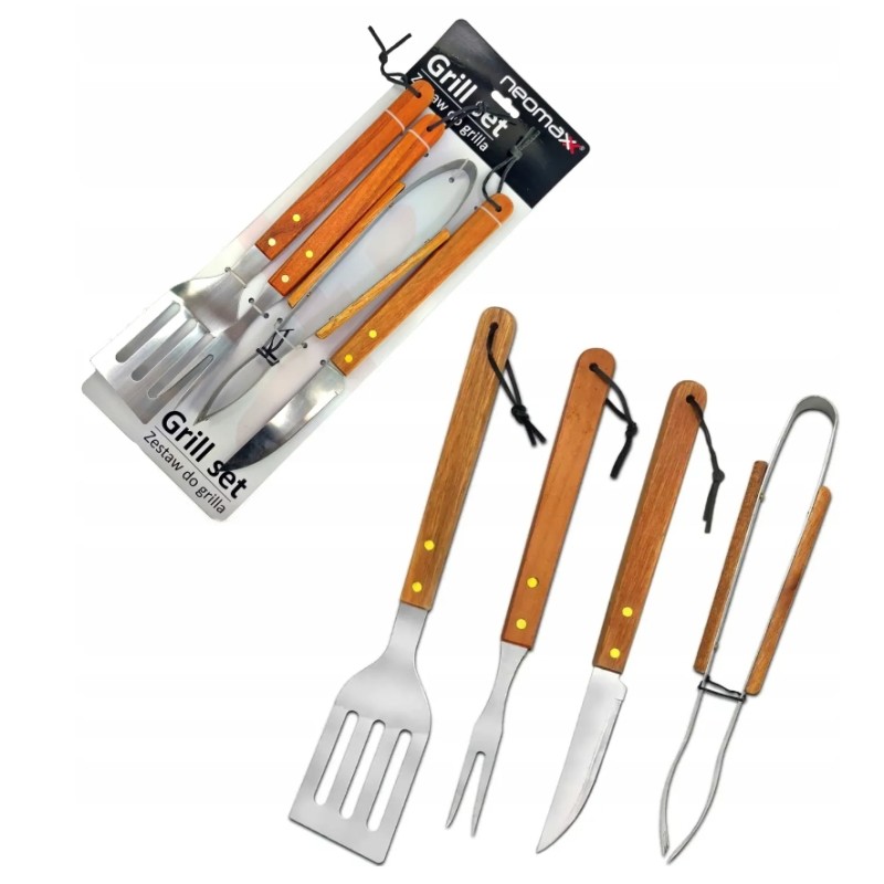 Grilio rinkinys, priedai, kepsninės stalo įrankiai, 4 vnt., mediena