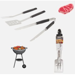 Metalinis grilio rinkinys, mėsos iešmas, mentelė ir žnyplės