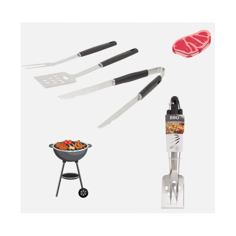 Metalinis grilio rinkinys, mėsos iešmas, mentelė ir žnyplės