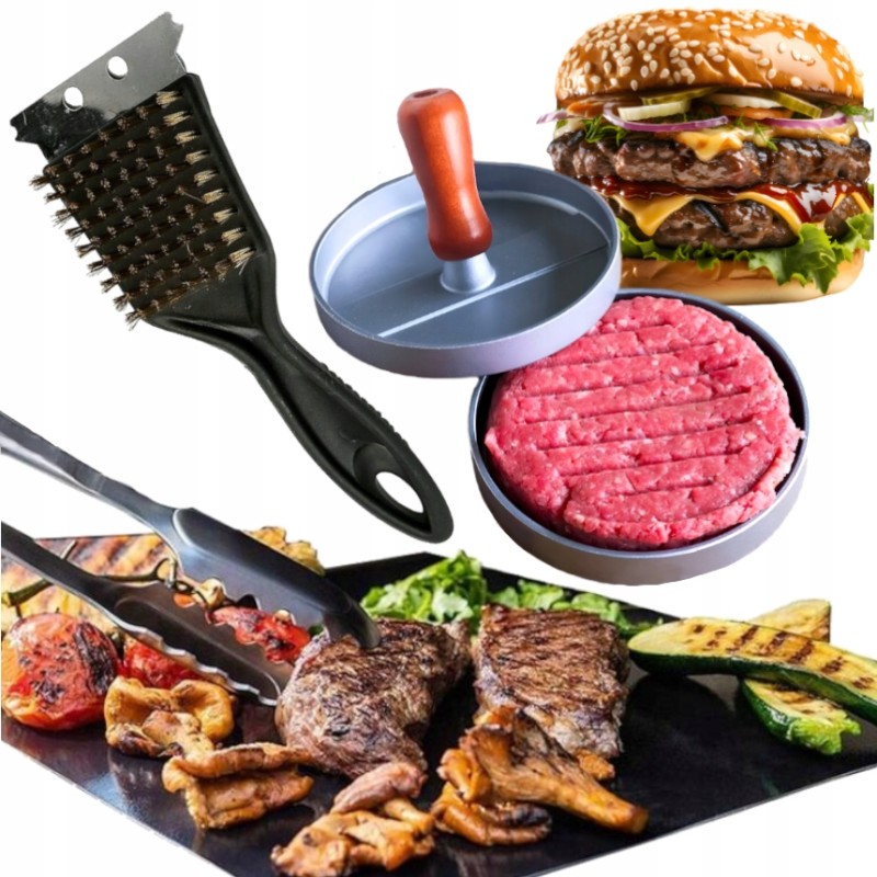 Pilnas rinkinys kepimo ant grotelių ir naminių mėsainių mėgėjams: tefloniniai kilimėliai + mėsainių presas + šepetys ir grandikl